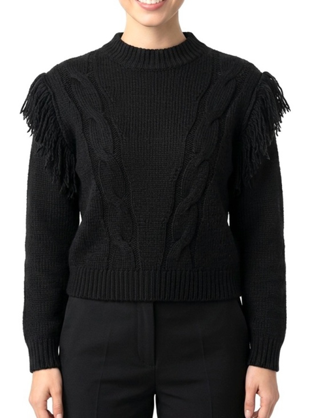NWOT |•ESQUALO•| Black Cable Knit Fringe Shoulder Sweater Size Medium